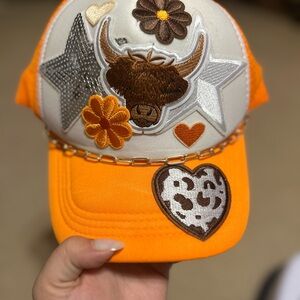 Orange Hat with Embroidered Patches